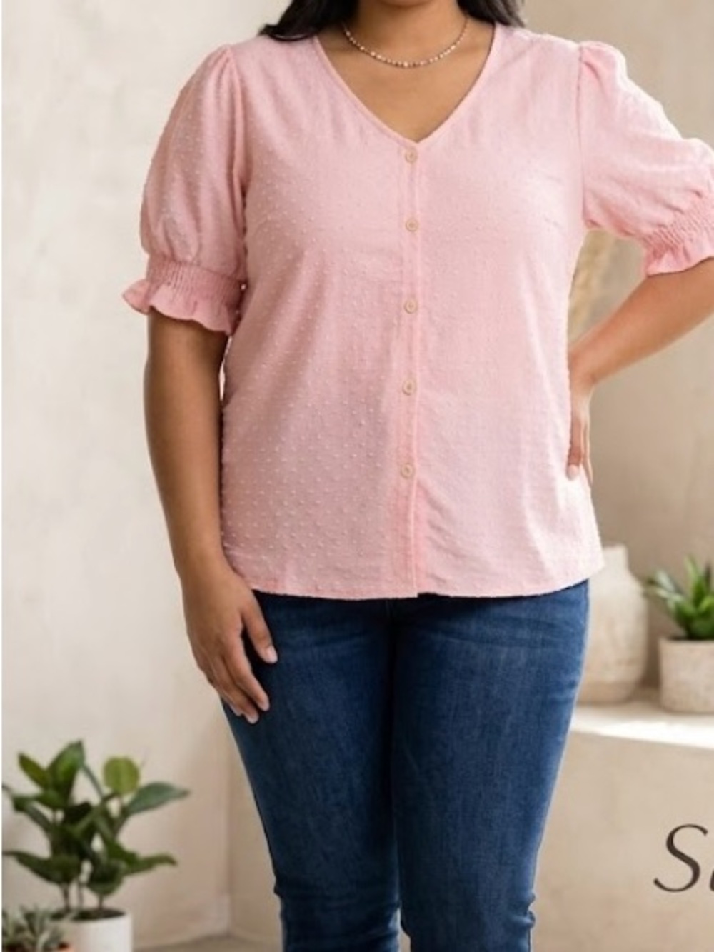 Soft Pink Button-Front V-Neck Blouse with Ruffled Cuffs